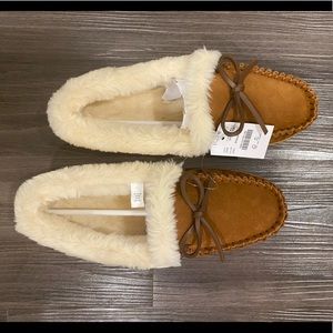 Suede faux-shearling moccasin slippers